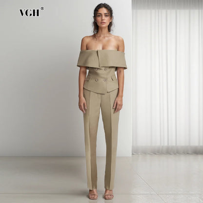 VGH Sexy Off Shoulder Blazers For Women Slash Neck Sleeveless Patchwork Double Breasted Soild Slimming Blazer Female Fashion New