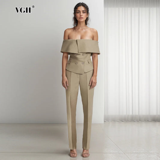 VGH Sexy Off Shoulder Blazers For Women Slash Neck Sleeveless Patchwork Double Breasted Soild Slimming Blazer Female Fashion New