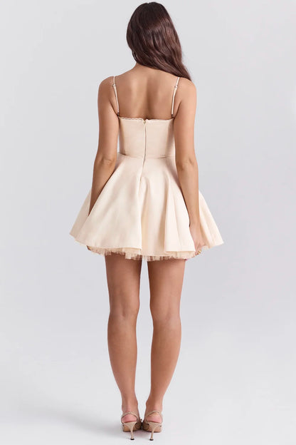 European and American style French niche slim fit suspender dress women's summer satin three-layer three-dimensional steel ring