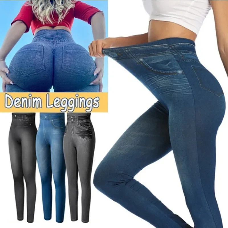 Women's Seamless Denim-Look Leggings Fitness Leggings High Elastic Butt Liftting Yoga Pants High Waist Gym Trainning Print Tight