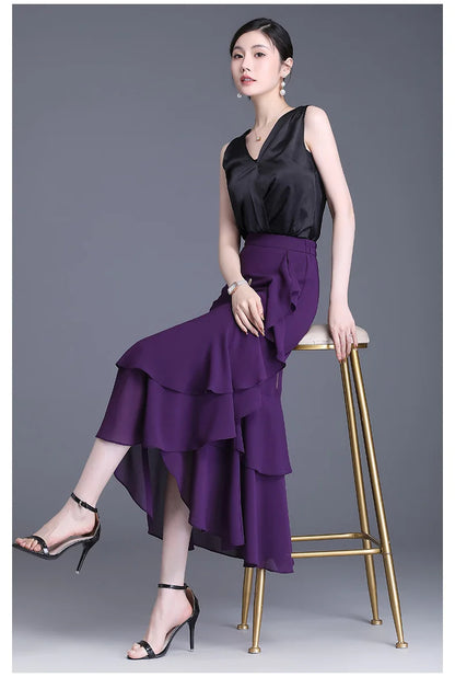 ZUZK Fashion Irregular Fishtail Chiffon Skirts Elegant High Waist Summer Luxury Party Skirt Female Ruffles Long Skirts