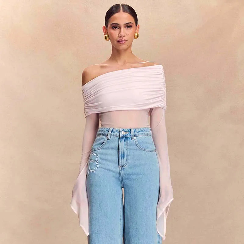 Off Shoulder Autumn Female's T-Shirt Solid Color Asymmetric Slash Neck Patchwork Women's Top Sexy Long Sleeve T-Shirt For Lady