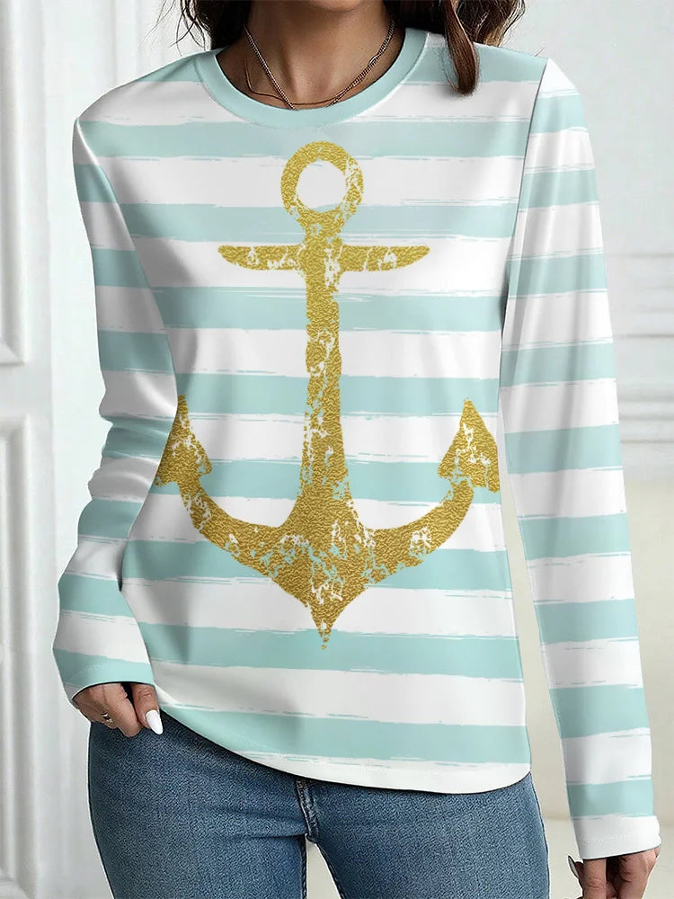 Women's T-Shirt Outdoor Casual Long Sleeve Pattern Print Street Crew Neck Fall Female Oversized Clothing Fashion T Shirts