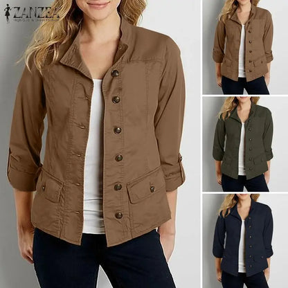 ZANZEA Fashion OL Jackets Woman Long Sleeve Stand Collar Outerwear Autumn Vintage Party Work Wear Female Elegant Button UP Coats