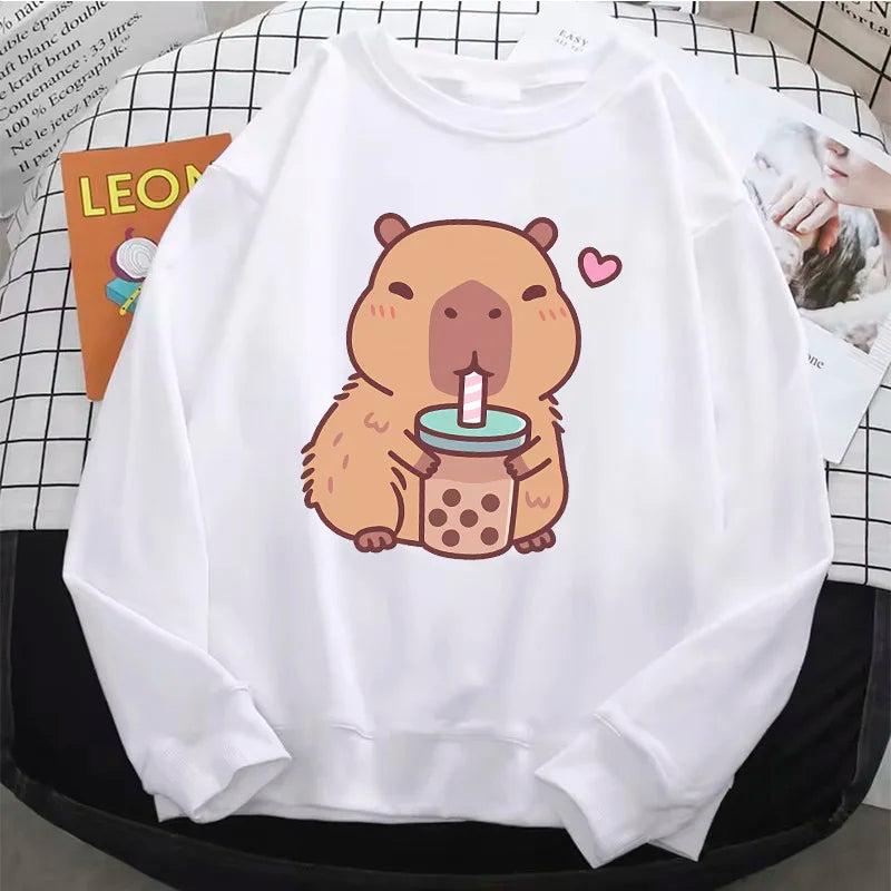 Crew Neck Capybara Hoodie O-Neck Fashion Women Cartoon Harajuku Aesthetic Graphic Hoodies Vintage Pullovers Sweatshirts