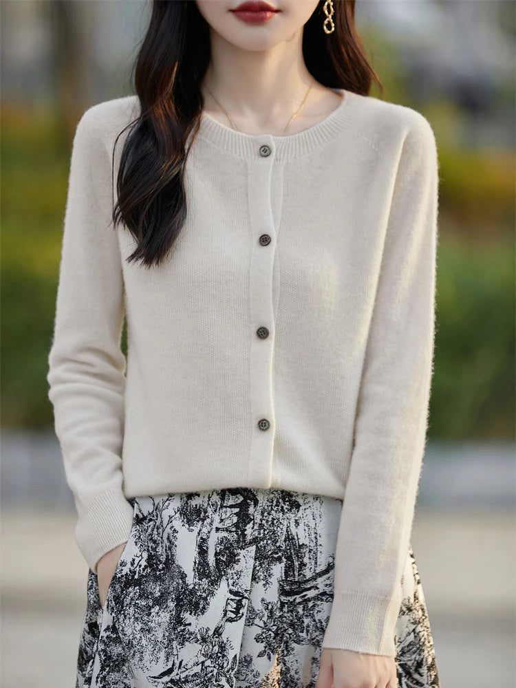 2024 Basics Autumn Winter Women Sweater Sales Merino Wool Knitwear New Fashion Solid Cardigan Classic Long Sleeve Clothing Tops