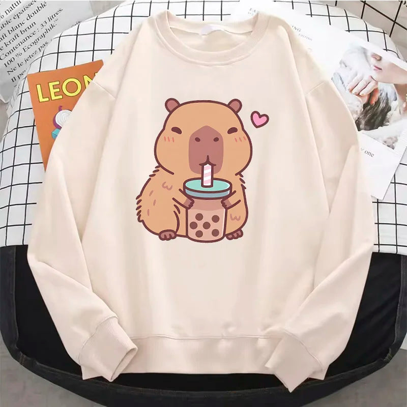 Crew Neck Capybara Hoodie O-Neck Fashion Women Cartoon Harajuku Aesthetic Graphic Hoodies Vintage Pullovers Sweatshirts