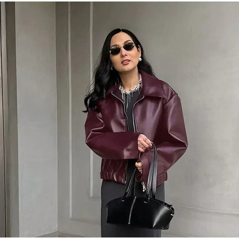 Zekye Spring Summer Women Jackets Fashion Lapel Zipper Long Sleeve Female Coats Lady Street Outwear Burgundy Leather Jacket