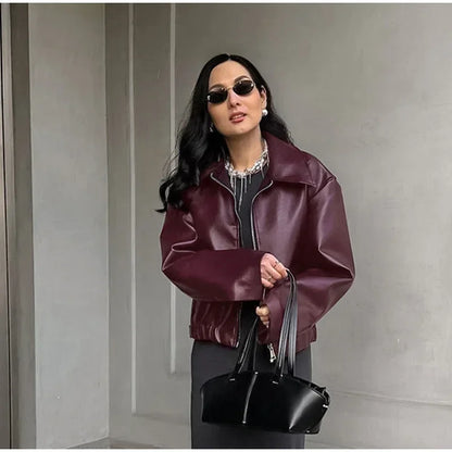 Zekye Spring Summer Women Jackets Fashion Lapel Zipper Long Sleeve Female Coats Lady Street Outwear Burgundy Leather Jacket