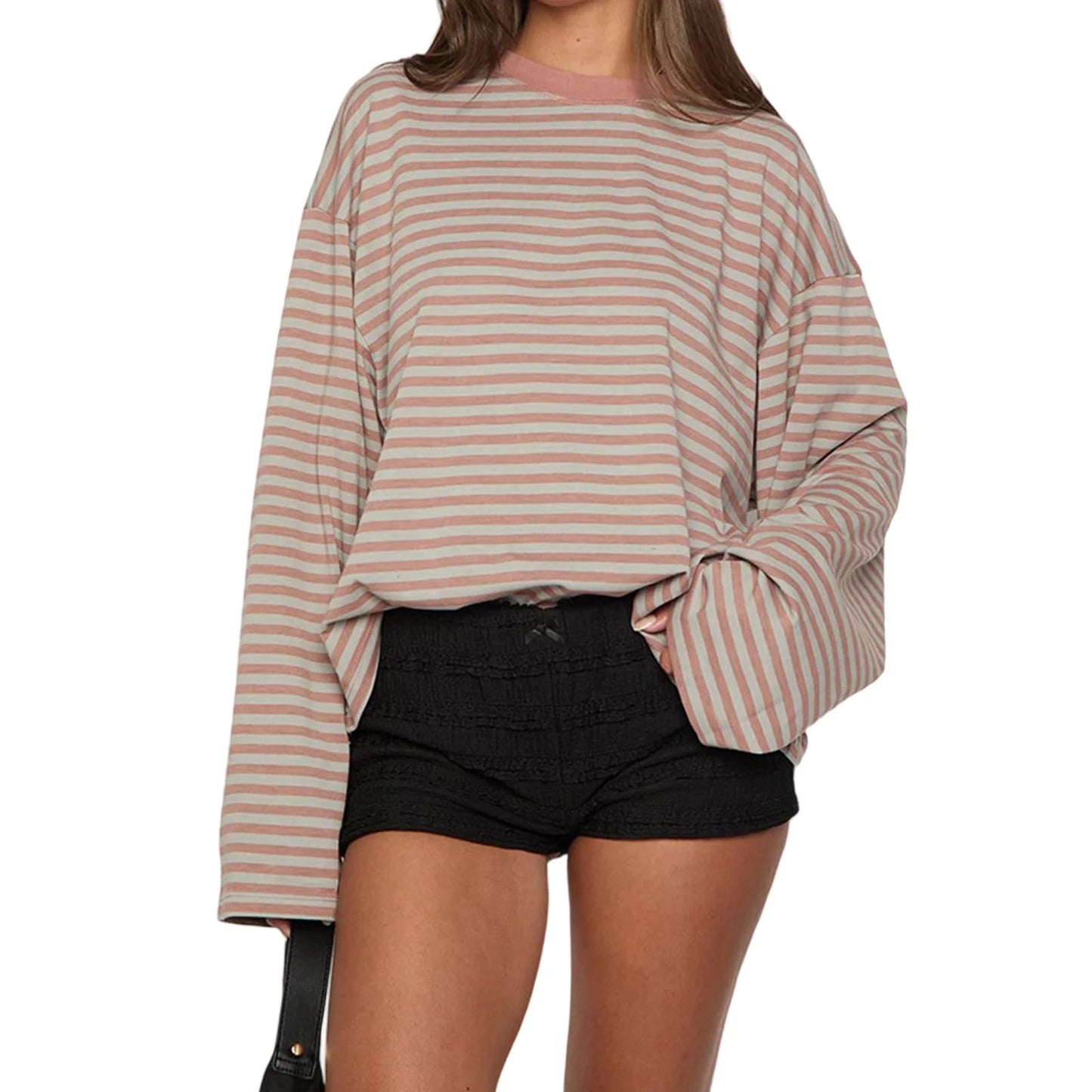 2025 Women Retro T-shirt Long Sleeve Crew Neck Loose Ladies Fall Casual Striped Top Streetwear