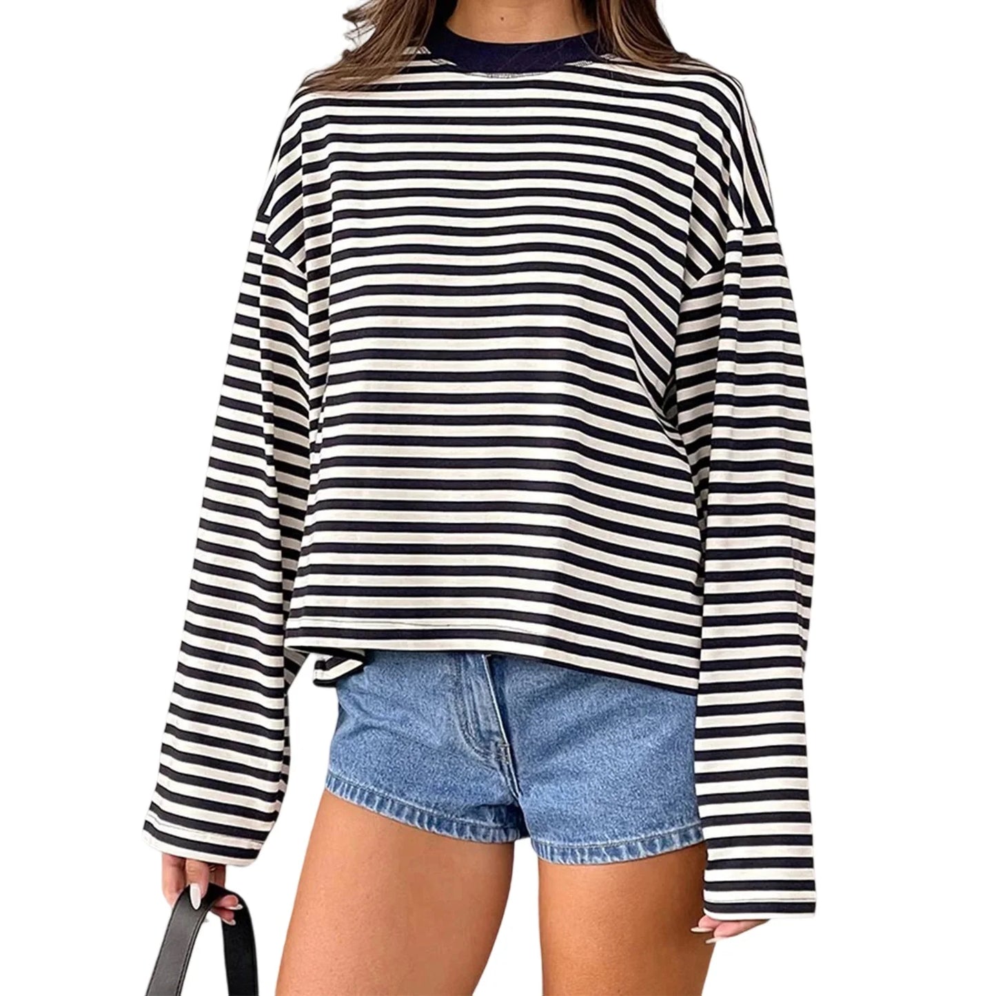 2025 Women Retro T-shirt Long Sleeve Crew Neck Loose Ladies Fall Casual Striped Top Streetwear