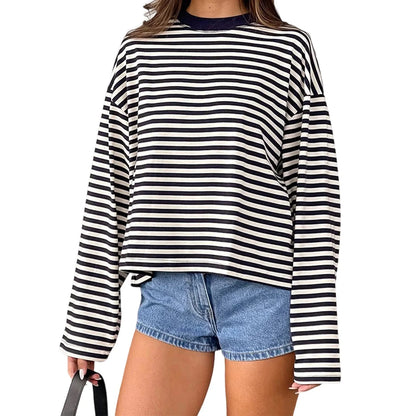 2025 Women Retro T-shirt Long Sleeve Crew Neck Loose Ladies Fall Casual Striped Top Streetwear