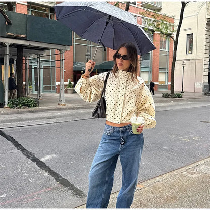 Polka Dot Print Round Neck Short Coats Women's High Street Blazer Long Sleeve Jackets 2025 Elegant Office Ladies Suit Outerwear