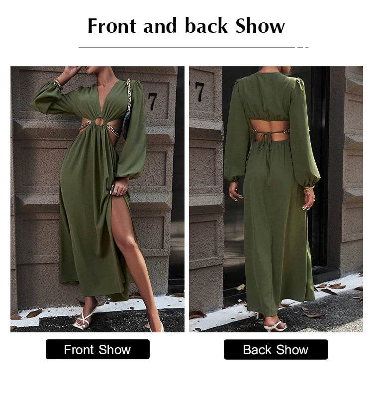 Mia Muse Women's  Dresses Autumn Sexy Loin Hollowing Long Sleeve V-Neck A-Line Maxi Party Dresses