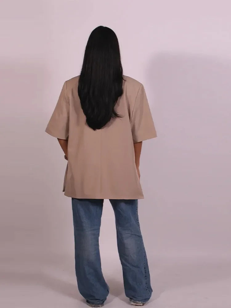 Fashion Lapel Suit Jacket Women Casual Loose Short Sleeve Office Lady Coat 2025 New Chic Autumn Single Button Oversize Jacket