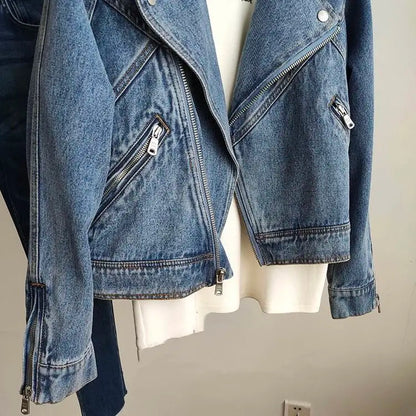 Motorcycle Zipper Long Sleeved Denim Jacket for Women Denim Jacket Spring Autumn Female Jeans Jacket Women Outerwear