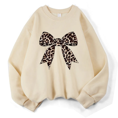 Bow Leopard Printing Sweatshirts Womens Crewneck Basics Hoodies Loose Fleece Warm Clothes Autumn Winter Sporty Woman Pullover