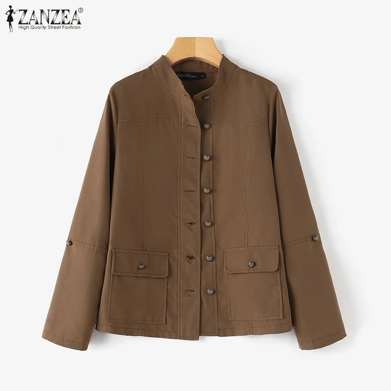ZANZEA Fashion OL Jackets Woman Long Sleeve Stand Collar Outerwear Autumn Vintage Party Work Wear Female Elegant Button UP Coats