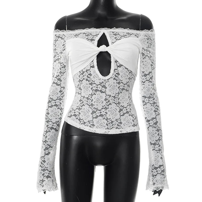Lace-Trimmed Autumn Women's T-Shirt Off-Shoulder Hollow Out Contrast Panels Crop Top For Female Sexy Cropped Lady's Clothing
