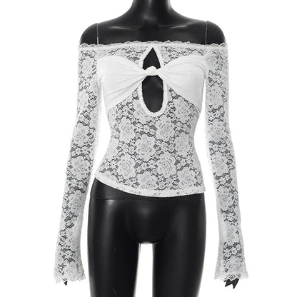 Lace-Trimmed Autumn Women's T-Shirt Off-Shoulder Hollow Out Contrast Panels Crop Top For Female Sexy Cropped Lady's Clothing