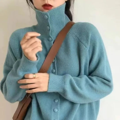 2025 New Soft High Neck Button Down Womens Cardigan Sweater Korean Style Ins Fashion Winter Fall Cozy Knit