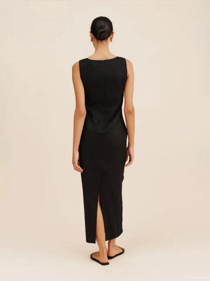 Solid Color Cotton Linen Square Neck Wide Straps Dress Fashion Slim Fit Back Split Long Dress Summer New Women's Clothing