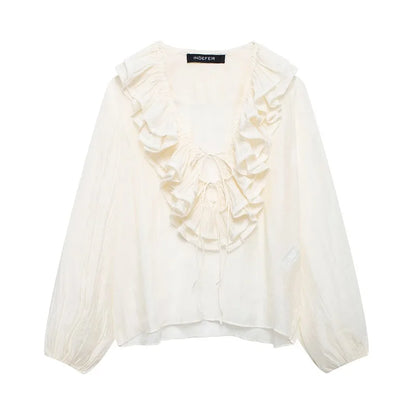 MUJER 2025 Ruffle Blouses for Women Semi Sheer Casual Blouse Woman Pleated Summer Shirts and Blouses Women Long Sleeve Women Top
