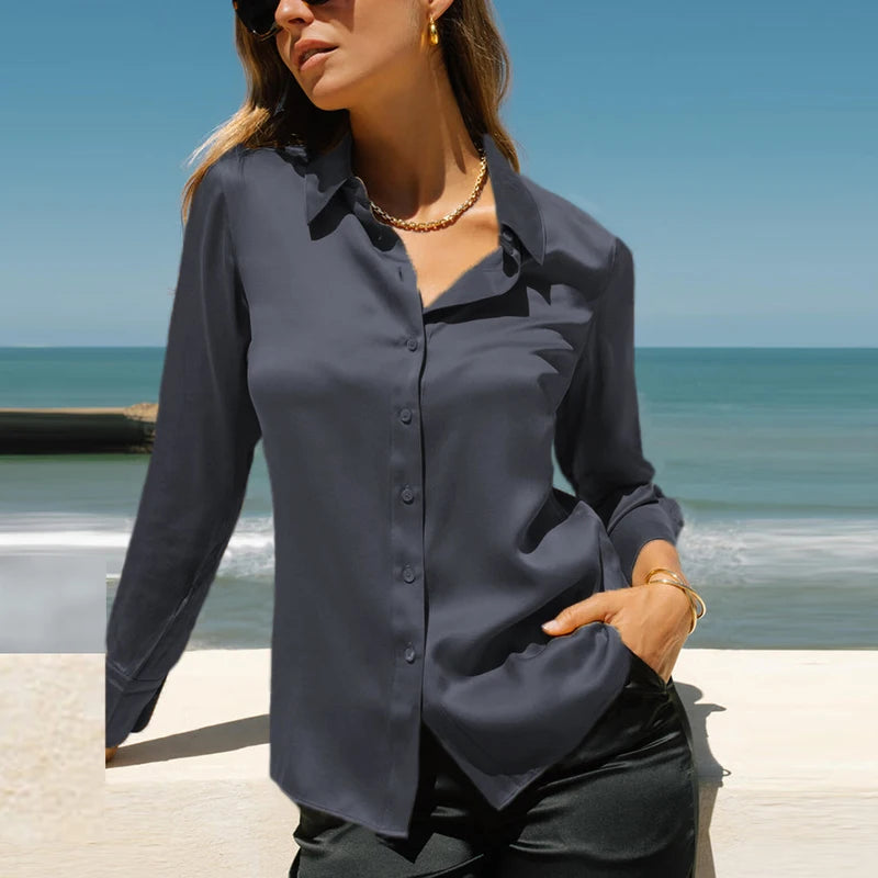 Elegant Black White Shirt Women Spring Autumn Long Sleeve Silk Satin Blouses For Women Fashion Turn Down Collar Button Shirt