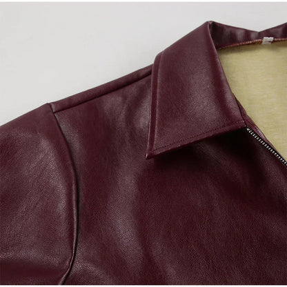 Zekye Spring Summer Women Jackets Fashion Lapel Zipper Long Sleeve Female Coats Lady Street Outwear Burgundy Leather Jacket