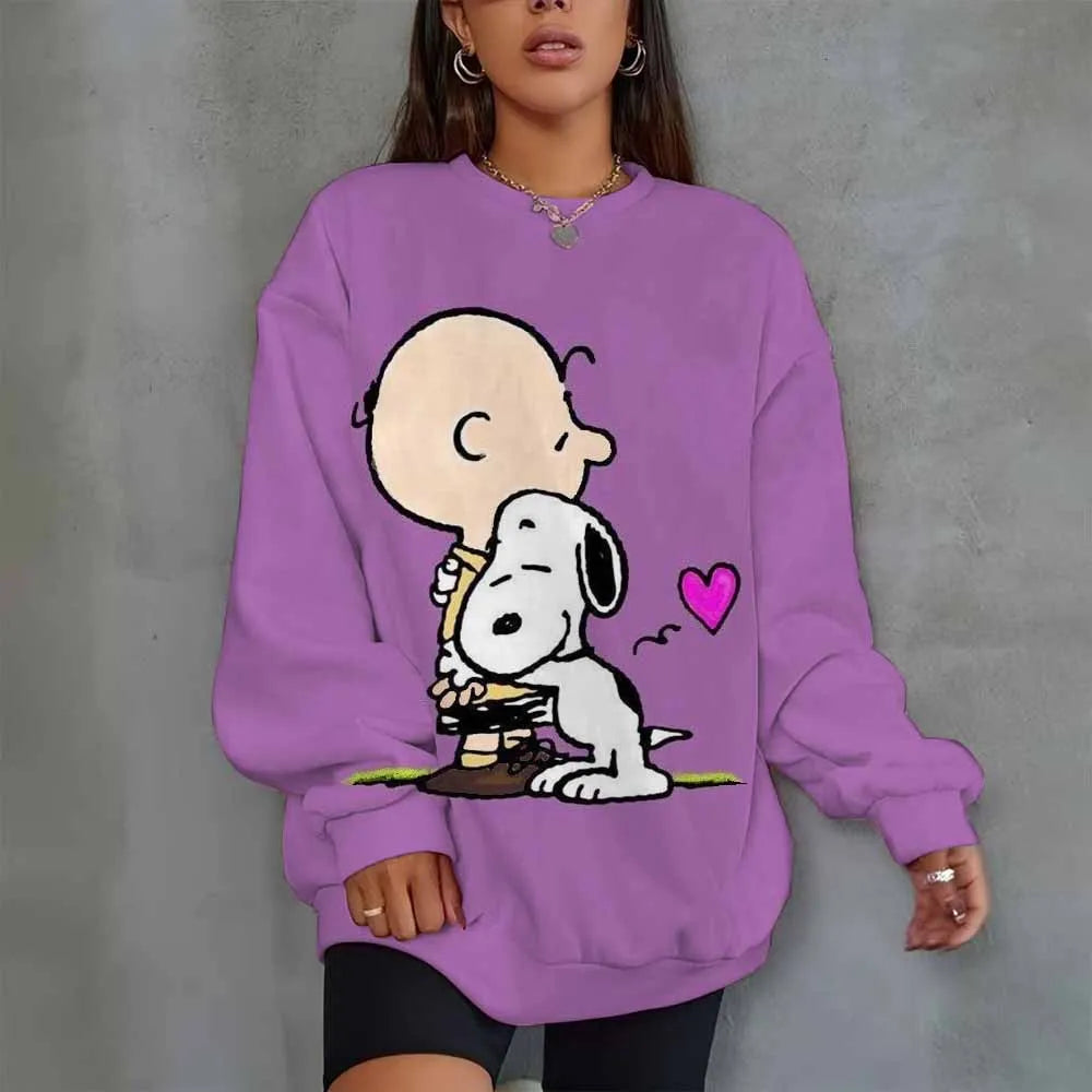 Snoopy Heart Print Crew Neck T shirt Casual Long Autumn winter top women's long sleeved Sweatshirt loose comfortable Hoodies