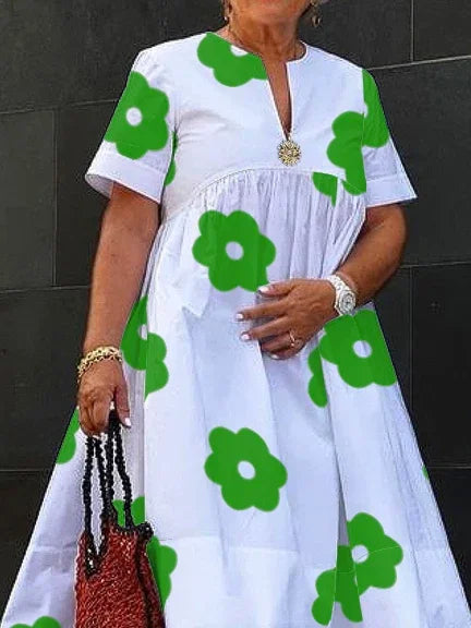 UOOZEE 2025 Summer Elegant Floral Printed Pleated A-line Dress For Women V-Neck Short Sleeves Loose British Style Midi Dresses