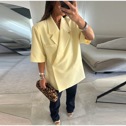 Women's Suit Jackets Loose Lapel One Button Short Sleeve Blazers 2025 Summer Elegant Lady Office Outwear Street