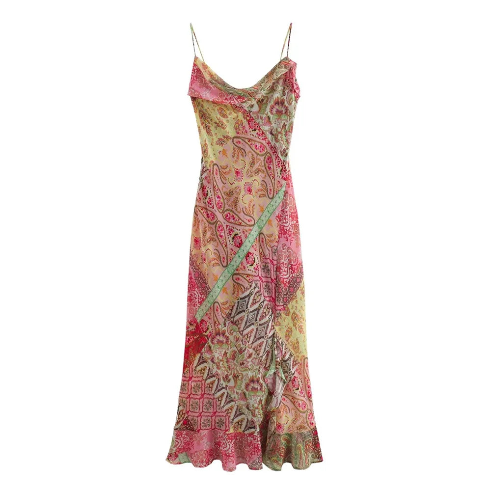 European And American Style 2024 Summer Women's New Fashionable And Casual Temperament Slim Fit Backless Patchwork Printed Dress
