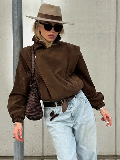 Locomotive Lapel Suede Jacket Women Lantern Long Sleeve Loose Fitting Patchwork Pilot Coats New Early Autumn Cool Girl Outerwear