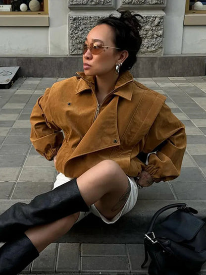 Locomotive Lapel Suede Jacket Women Lantern Long Sleeve Loose Fitting Patchwork Pilot Coats New Early Autumn Cool Girl Outerwear