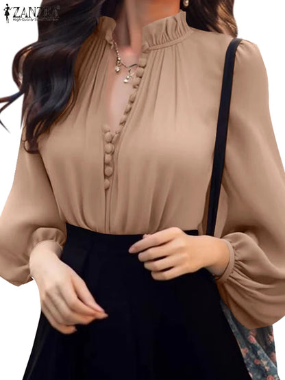 ZANZEA Fashion Lantern Long Sleeve Tops Elegant Shirt 2024 Casual Loose V-neck Bottun Simple Vintage Stand Collar Office Blouse