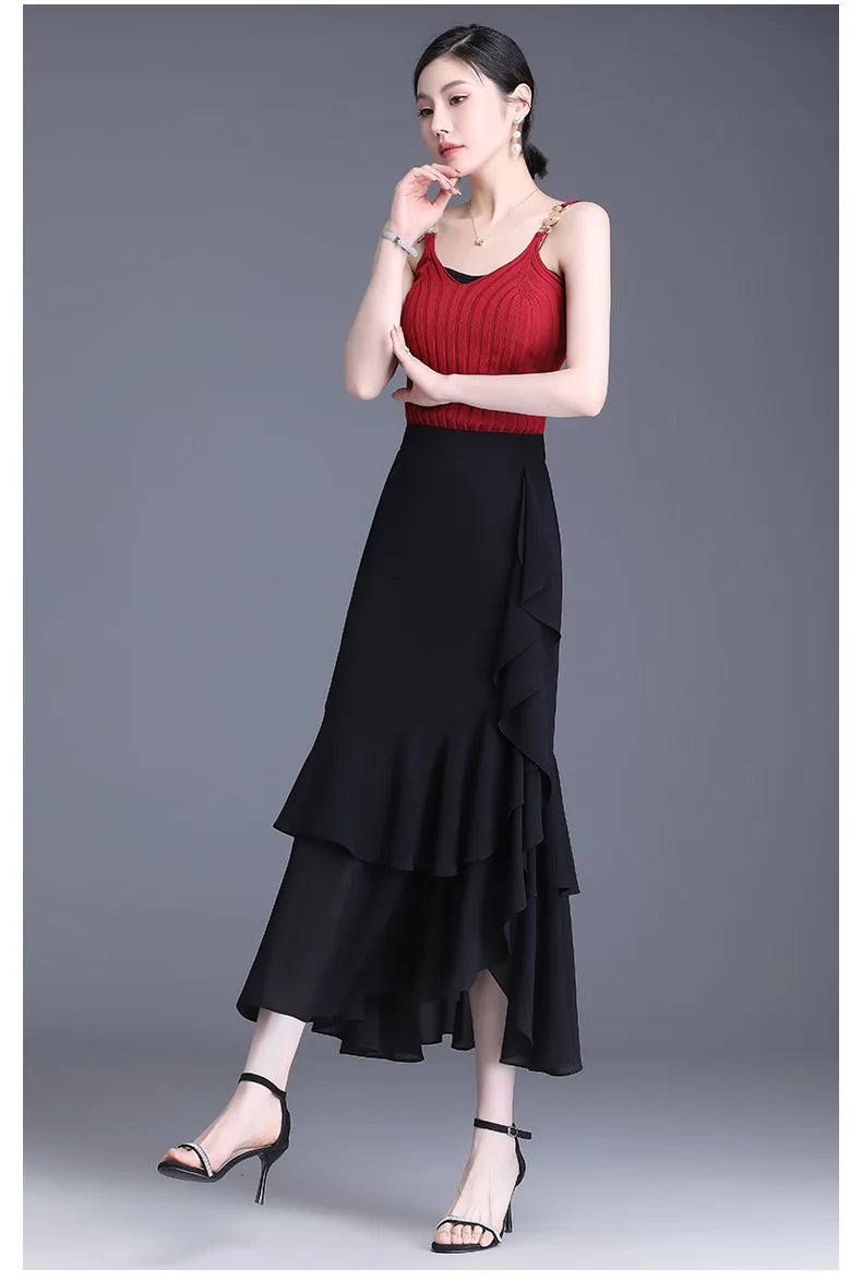 ZUZK Fashion Irregular Fishtail Chiffon Skirts Elegant High Waist Summer Luxury Party Skirt Female Ruffles Long Skirts