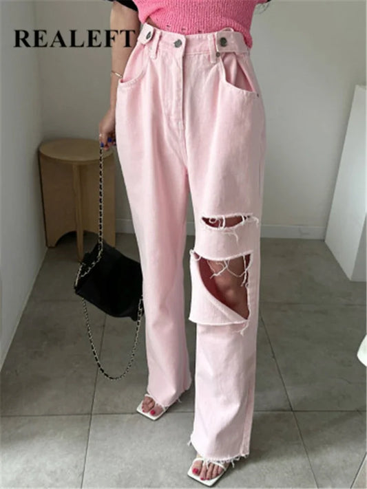 REALEFT 2025 New Hole Pink Women's Denim Wide Leg Pants High Waist Spring Summer Casual White Jeans Straight Trourses Female