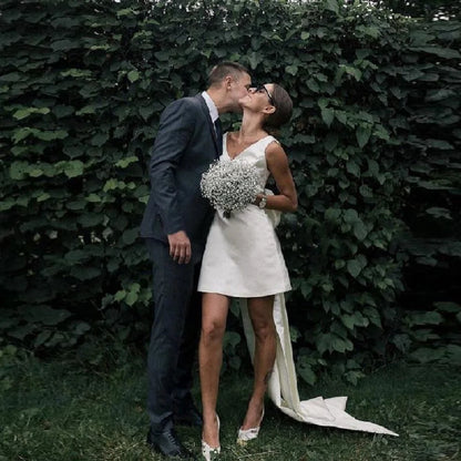 DREAM Customized Short Mini Satin V Neck Bridal Gown Large Bow Open Back Sleeveless Above Knee Length Wedding Party Dress 2025