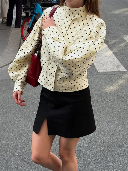 Polka Dot Print Round Neck Short Coats Women's High Street Blazer Long Sleeve Jackets 2025 Elegant Office Ladies Suit Outerwear