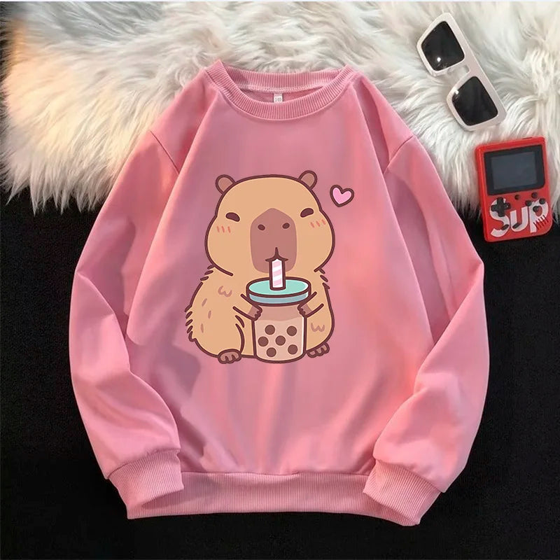Crew Neck Capybara Hoodie O-Neck Fashion Women Cartoon Harajuku Aesthetic Graphic Hoodies Vintage Pullovers Sweatshirts