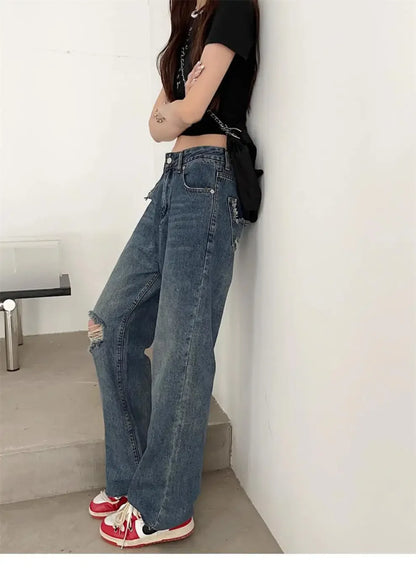 Vintage High-Waisted Wide-Leg Jeans Women's Spring New Loose-Fit Slimming Plus Size Pear-Shaped Body Straight-Leg Pants