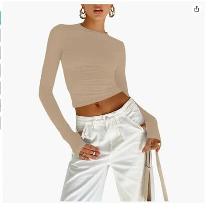 Fashion Women T-shirt Long Sleeve Crew Neck Solid Slim Fit Ladies Crop Top with Thumb Holes for Daily Streetwear Summer Camis