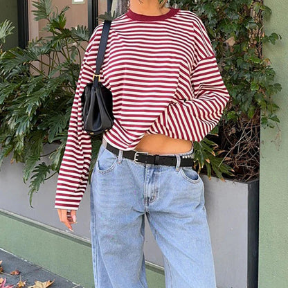 2025 Women Retro T-shirt Long Sleeve Crew Neck Loose Ladies Fall Casual Striped Top Streetwear