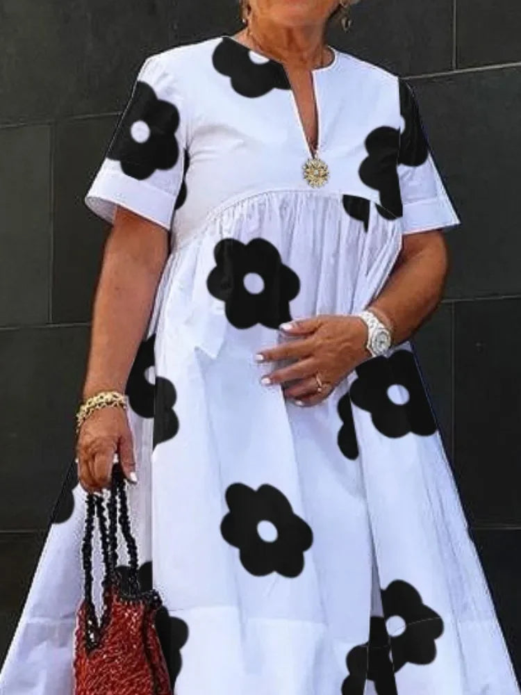 UOOZEE 2025 Summer Elegant Floral Printed Pleated A-line Dress For Women V-Neck Short Sleeves Loose British Style Midi Dresses