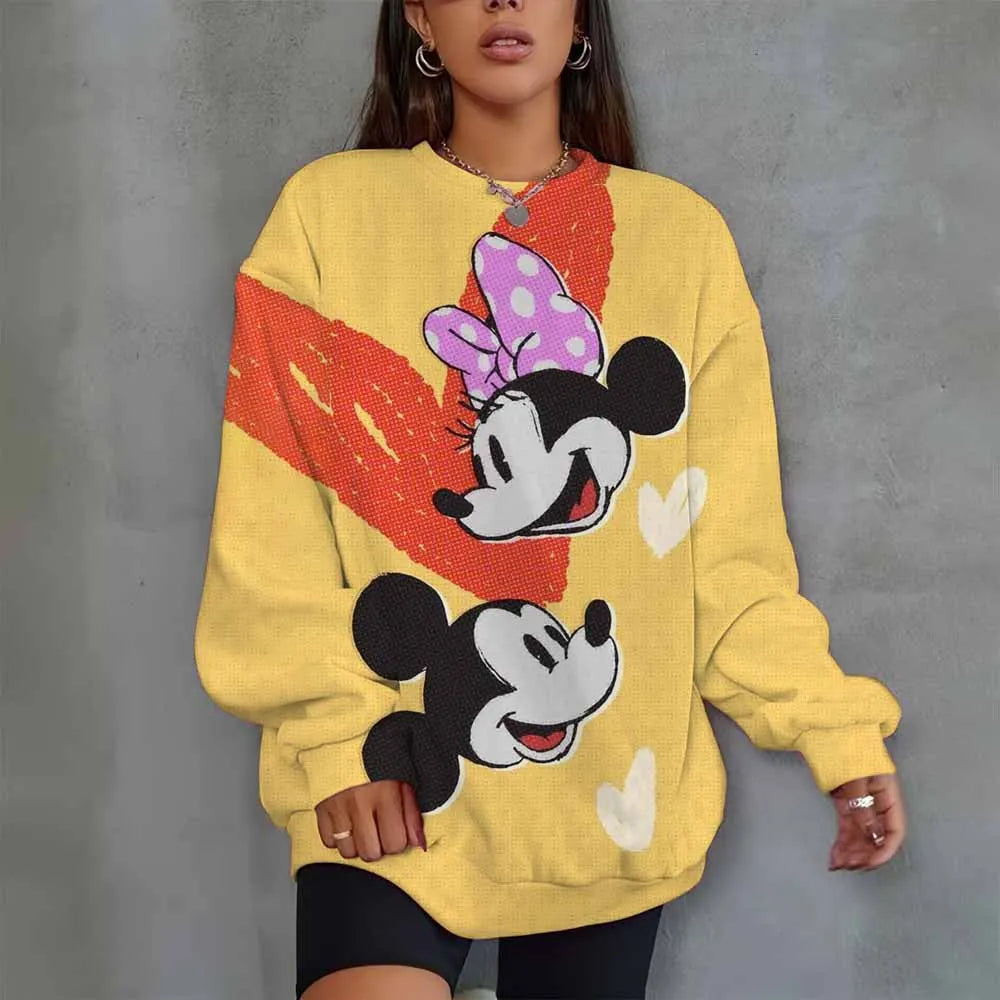 Disney Mickey Mouse Heart Print Crew Neck T shirt Casual Long Autumn winter top women's long sleeved T-shirt loose comfortable