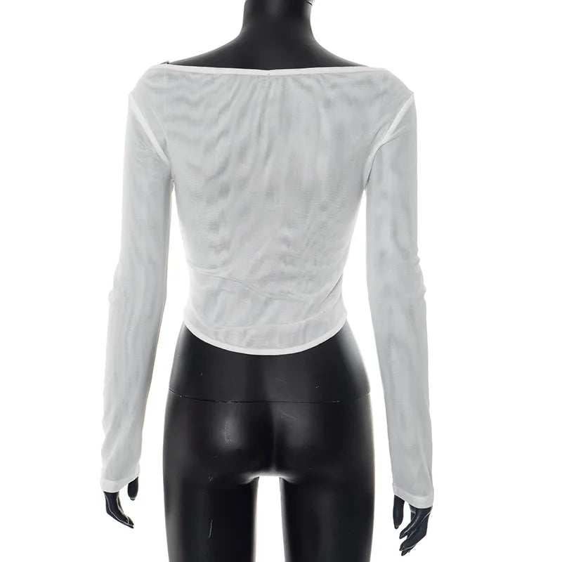 Female's Autumn T-Shirt Sheer Mesh Off-Shoulder Curved Hem Pullover Long Sleeve Women's Top Comfortable Clothing For Lady