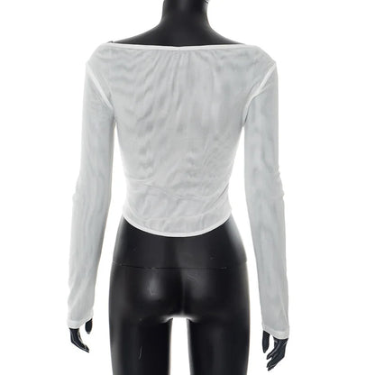 Female's Autumn T-Shirt Sheer Mesh Off-Shoulder Curved Hem Pullover Long Sleeve Women's Top Comfortable Clothing For Lady