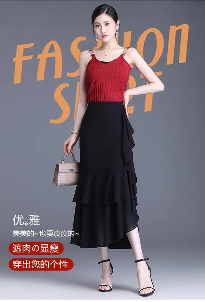 ZUZK Fashion Irregular Fishtail Chiffon Skirts Elegant High Waist Summer Luxury Party Skirt Female Ruffles Long Skirts