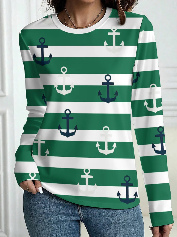 Women's T-Shirt Outdoor Casual Long Sleeve Pattern Print Street Crew Neck Fall Female Oversized Clothing Fashion T Shirts